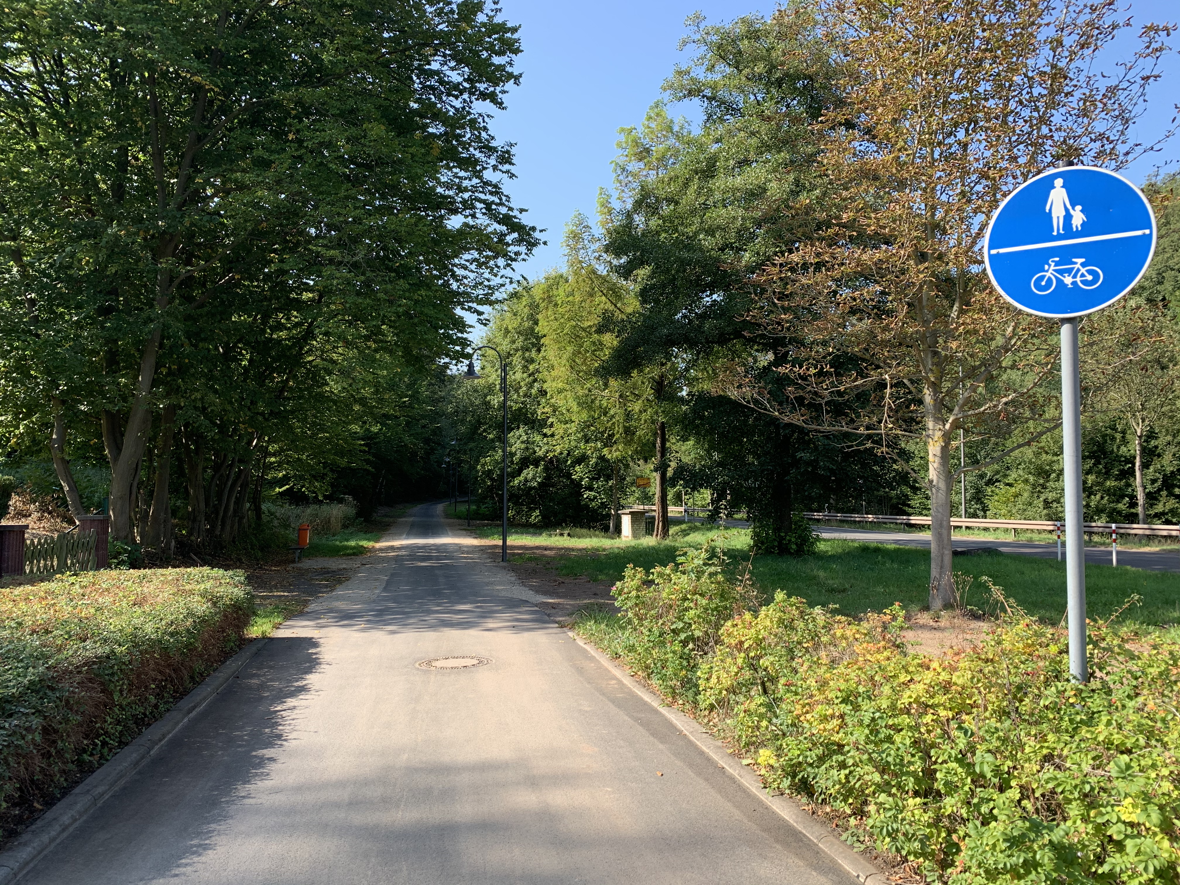Sanierter Radweg am Ortseingang von Seebach mit Beschilderung Rad- und Fußweg.